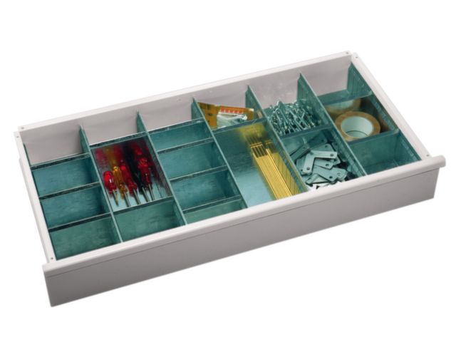 Troggenset ZST 994406-HO bestaande uit: elk 6 troggen 145 x 120 x 438 mm B/H/L en 12 tussenschotten - Hoogte 120 mm van plaatstaal, verzinkt voor 150 mm paneelhoogte